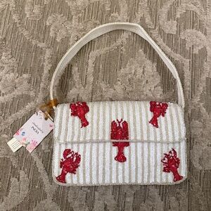 NWT Lobster Embroidered Sequin Beaded Bag Made in India Red White Summer